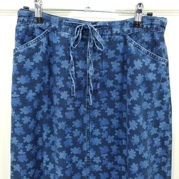VTG Denim Floral Print Midi Skirt W/Drawstring Waist 8 Blue - Picture 5 of 15